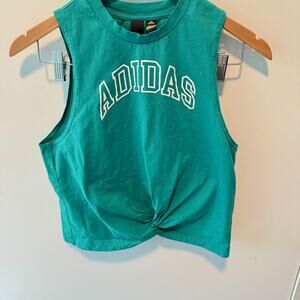 Adidas Tank Top Womens Small Green Cropped Twist Front Sleeveless Logo Workout